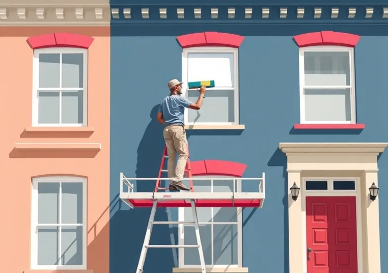 Peintre sur échafaudage traitant la façade d'une maison