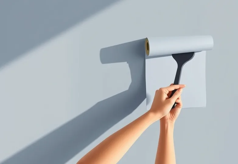 Pose de papier peint, rouleau et brosse à maroufler